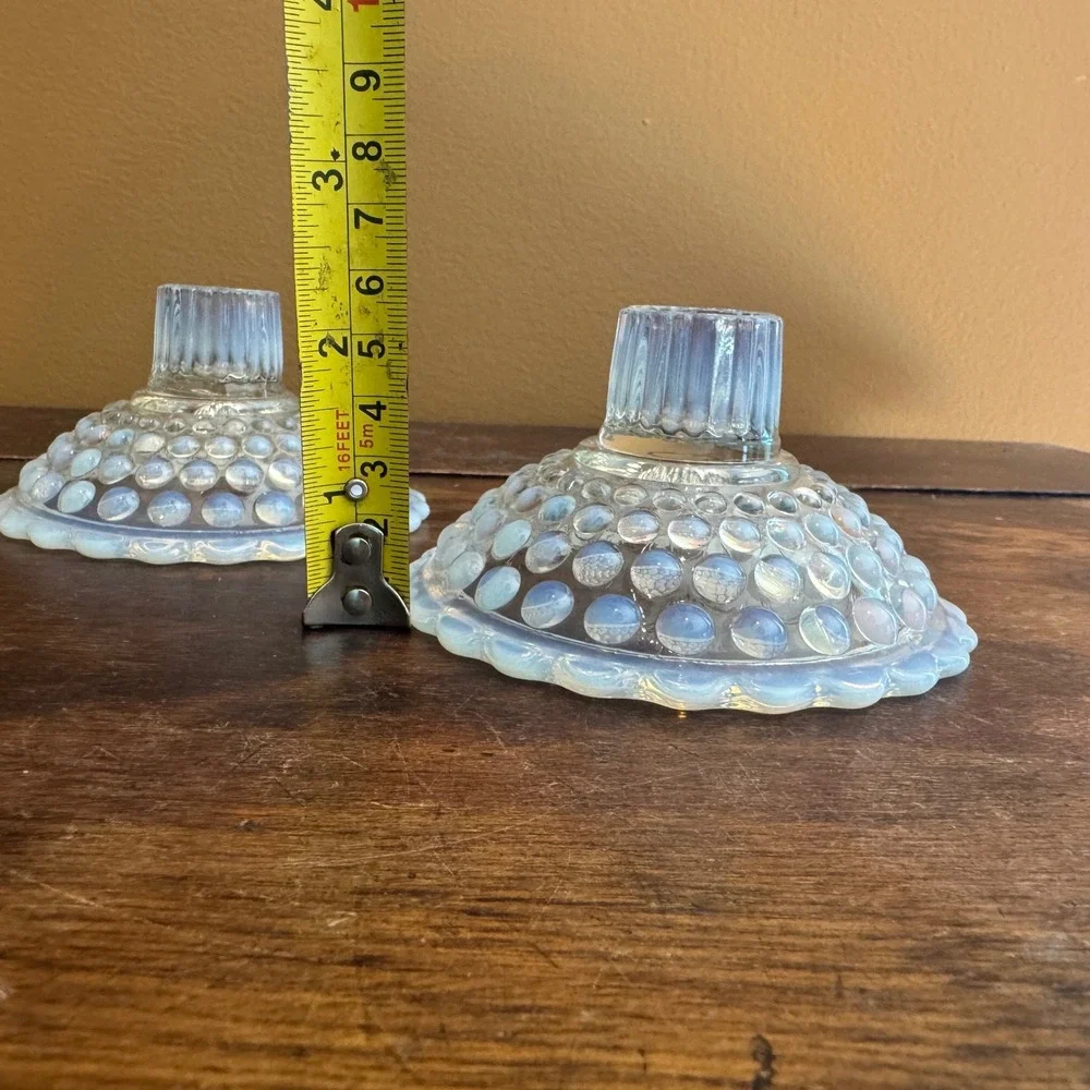 Pair (2) Vintage Opalescent Hobnail Candle Holders Clear‎ Glass Candlestick